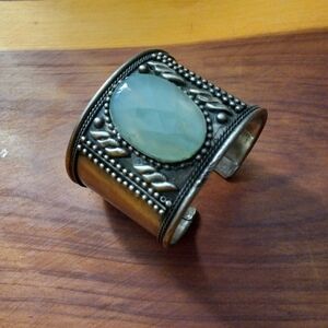 2" Wide Turquoise Acrylic Gem Silver Tone Aluminum Cuff Bracelet